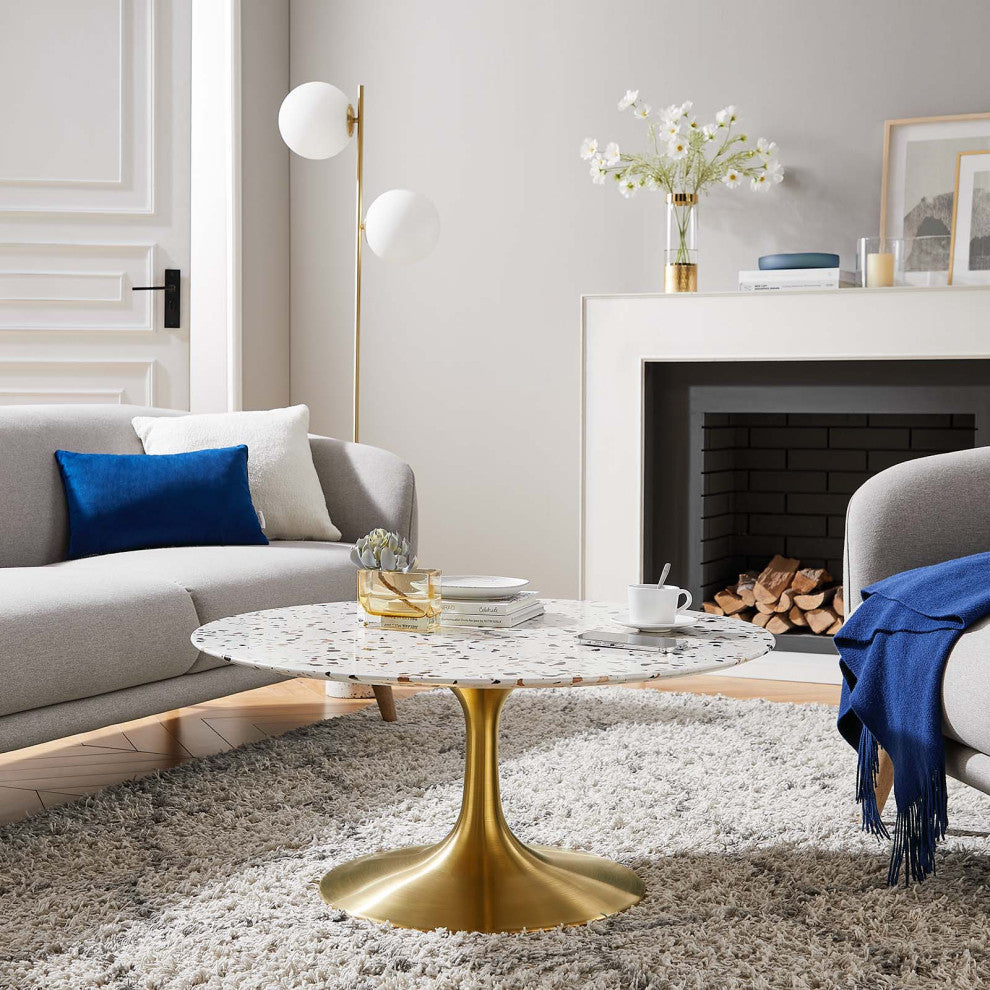 Lippa 36" Round Terrazzo Coffee Table, Gold White