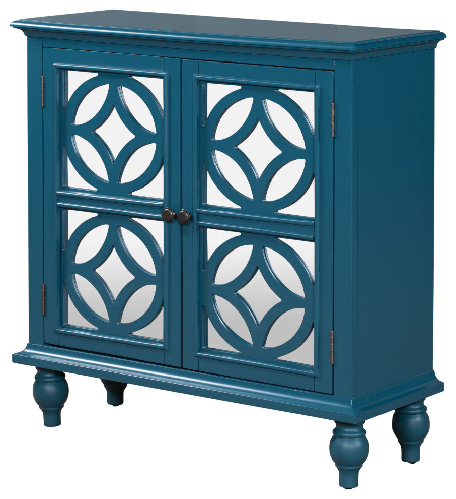 Wood Double Mirrored Door Accent Cabinet with Adjustable Shelf, Blue, 33" X 13"