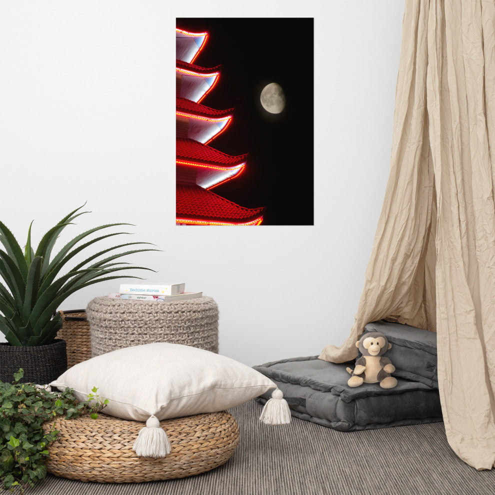 Moon Over Pagoda 1 Night Urban Photograph Unframed Wall Art Print, 24" X 36"