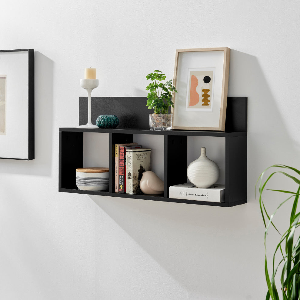 Danya B. Modern 3 Cube Floating Wall Shelf With Display Ledge, Black