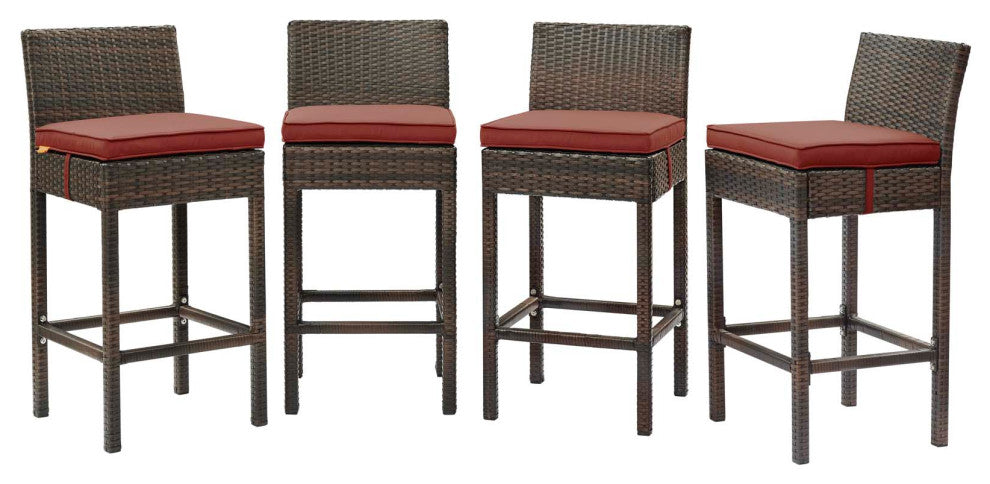 Modern Outdoor Patio Bar Stool Chair, Set of Four, Fabric Rattan, Brown Red