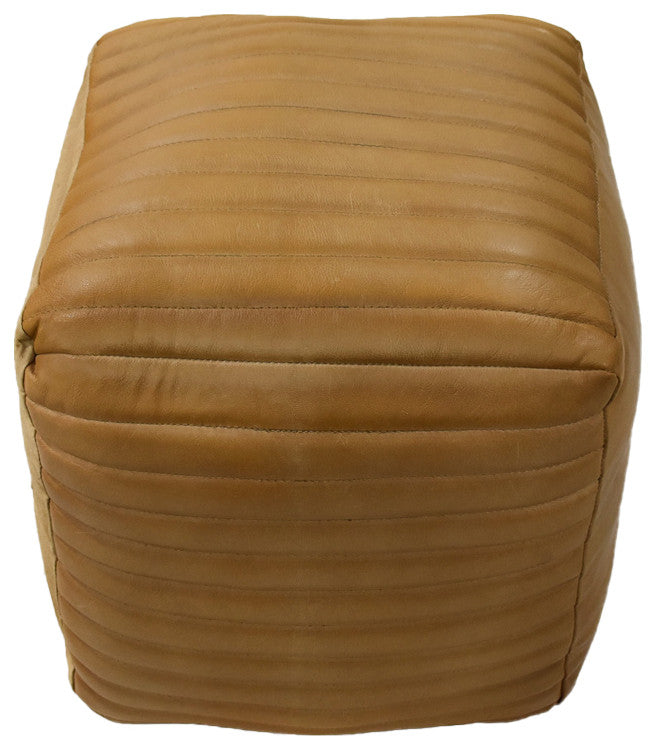 Poufs-Solid Handmade Goat Leather Pouf, Recycled Cotton Fill, Beige, Square 16x16x16
