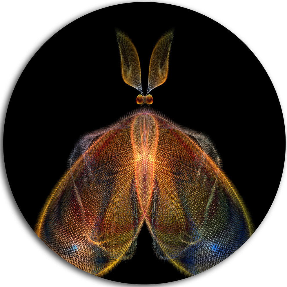 Orange Fractal Butterfly In Dark, Abstract Art Round Metal Artwork, 11"