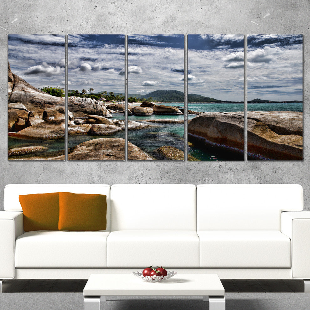 Rocky Beach with Dramatic Sky, Large Seashore Canvas Print, 60"x28", 5 Panels