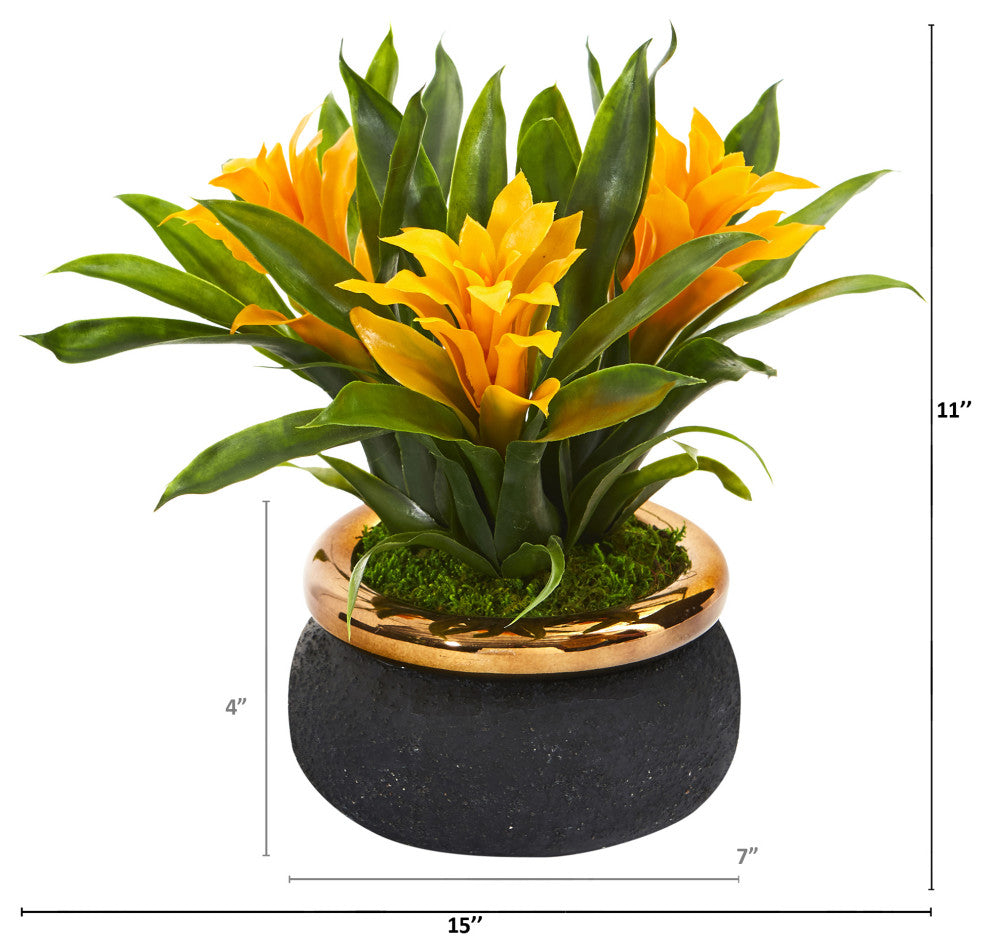 11" Bromeliad Artificial Plant, Stoneware Planter