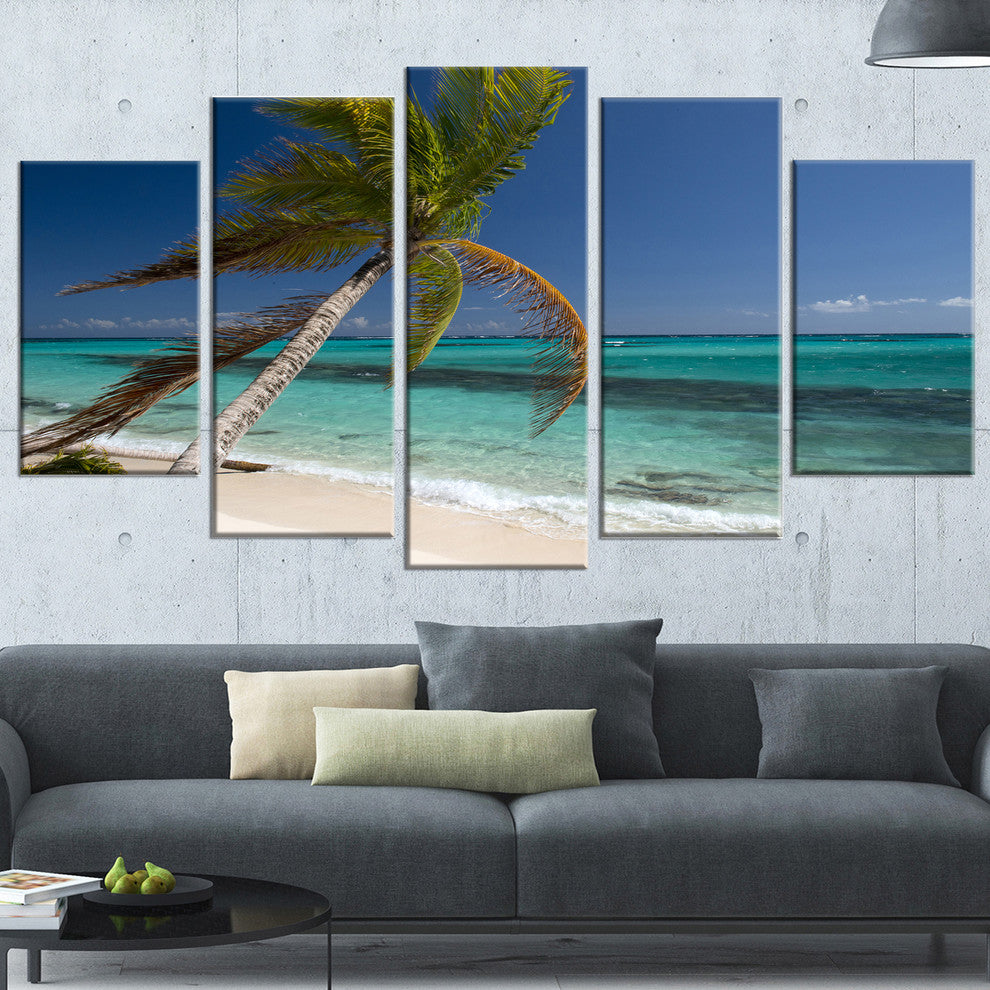 "Palm Bent To Picturesque Seashore" Modern Seascape Wall Art, 5 Panels, 60"x32"