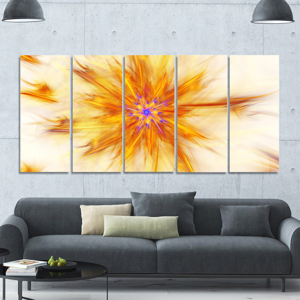 Shining Yellow Exotic Fractal Flower, Floral Canvas Art Print, 60"x28", 5 Panels