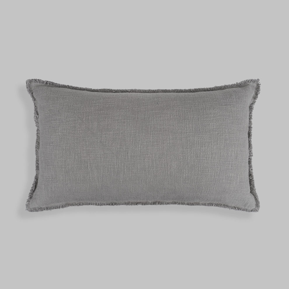 Organic Chic Washed Textured Lumbar Pillow With Frayed Edges, Shade Gray
