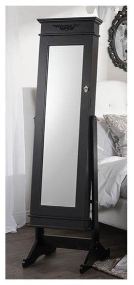 Black Crown Molding Top Free Standing Full Length Cheval Mirror Jewelry Armoire