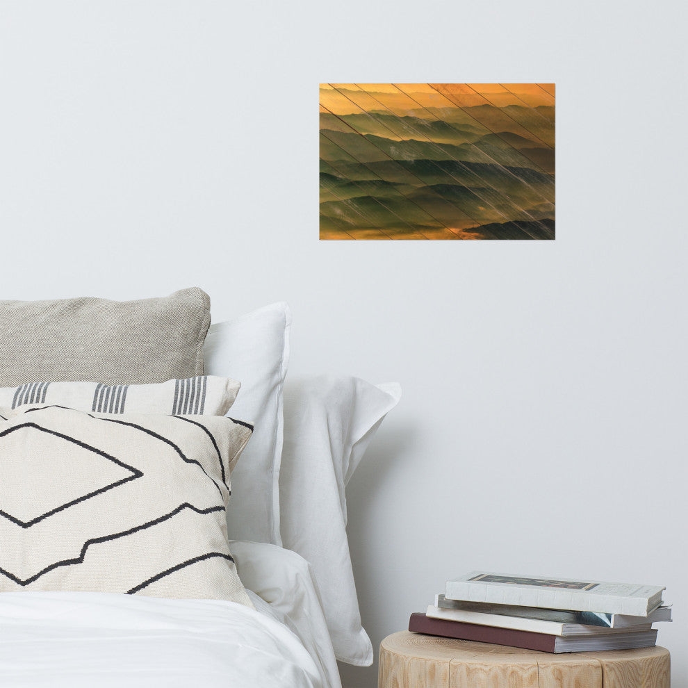 Faux Wood Foggy Mountain Layers at Sunset Landscape Unframed Wall Art Prints, 12" X 18"