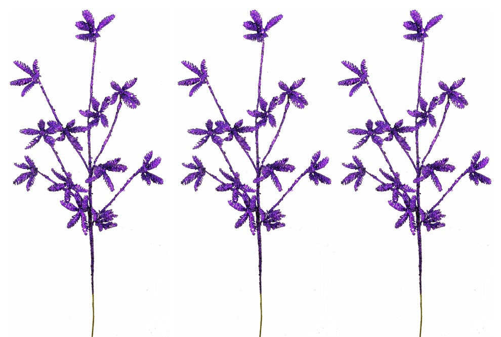 3 Pieces 25" Glitter Leaf Christmas Spray, Purple