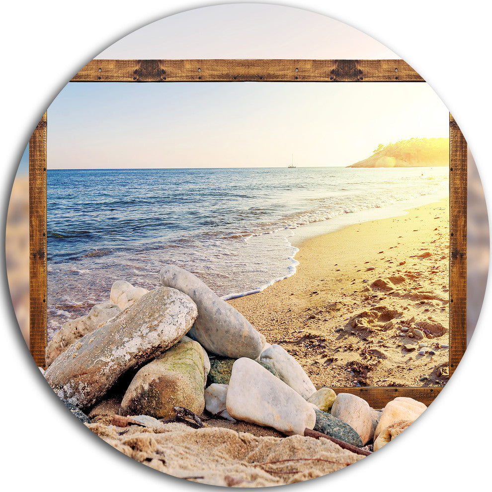 Framed Beach Rocks, Seashore Art Large Disc Metal Wall Art, 36"