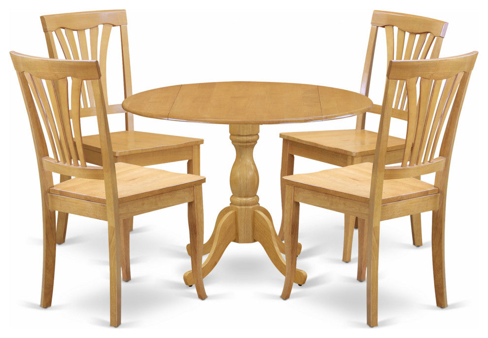 5 Pc Dining Set, Dropleaf Table, 4 Oak Wooden Chairs, Slatted Back, Oak Finish