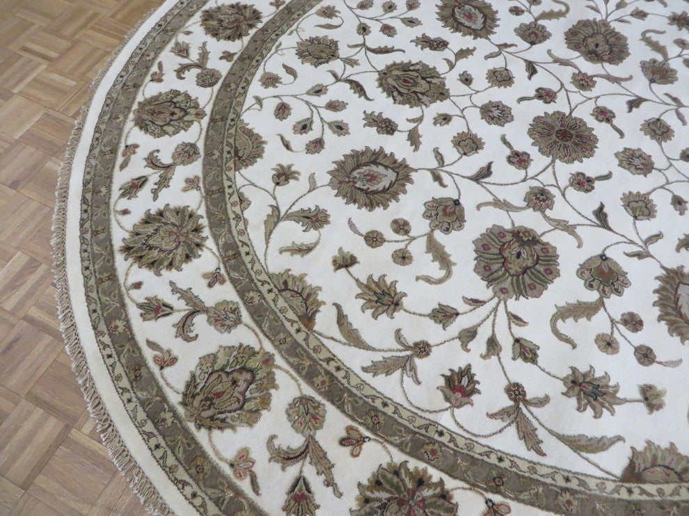 10x10 Round Handmade Ivory Tabriz With Silk Oriental Rug