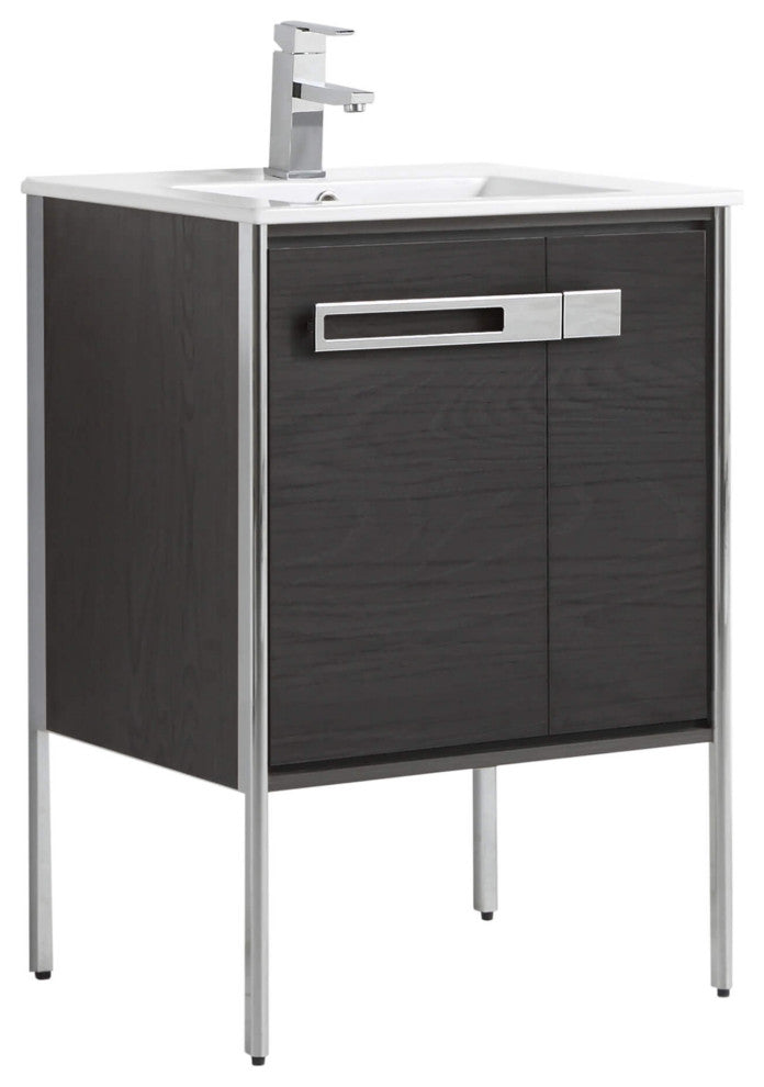 Oakville Bath Vanity, Ceramic Sink, Black Coal Oak, 24 Inch, Chrome Hardware