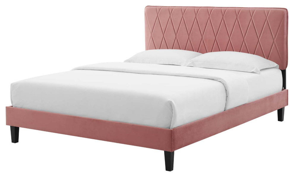 Platform Bed Frame, King Size, Velvet, Pink, Modern Contemporary, Bedroom Master
