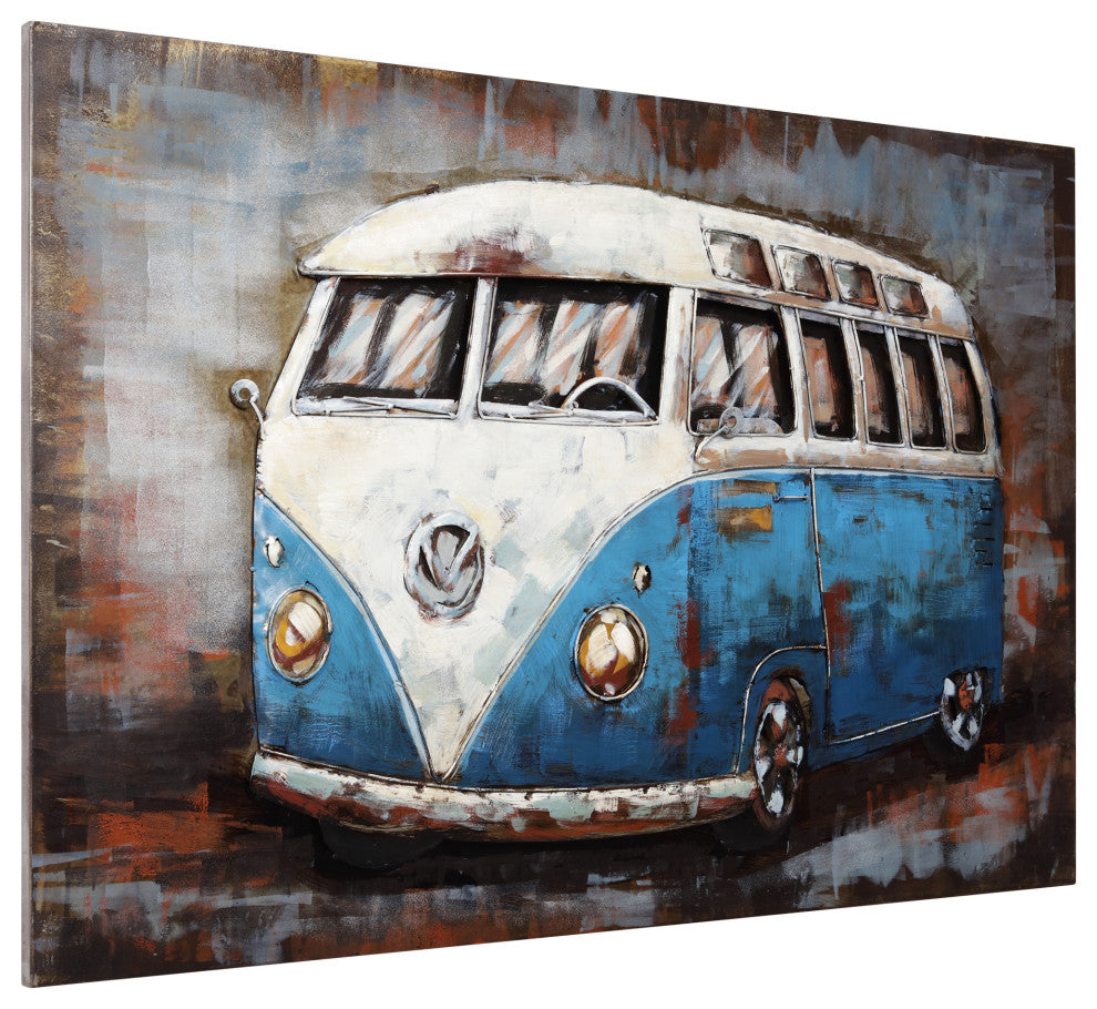 "Blue Bus" Wall Art Mixed Media Iron Hand Painted Dimensional Wall Sculpture
