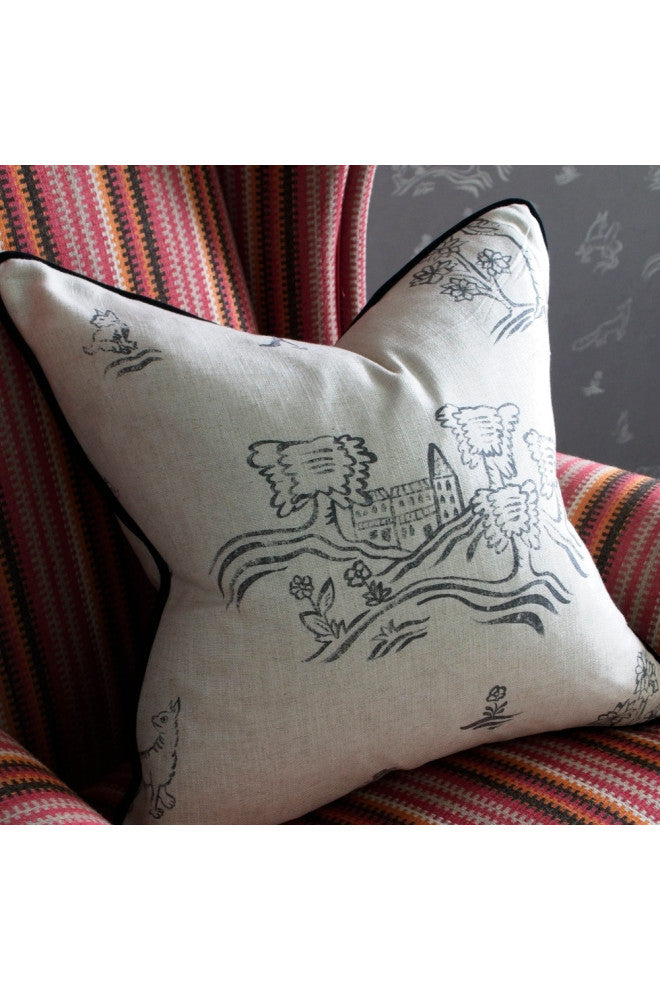 Tapestry Print Cushion | Andrew Martin Friendly Folk, Black