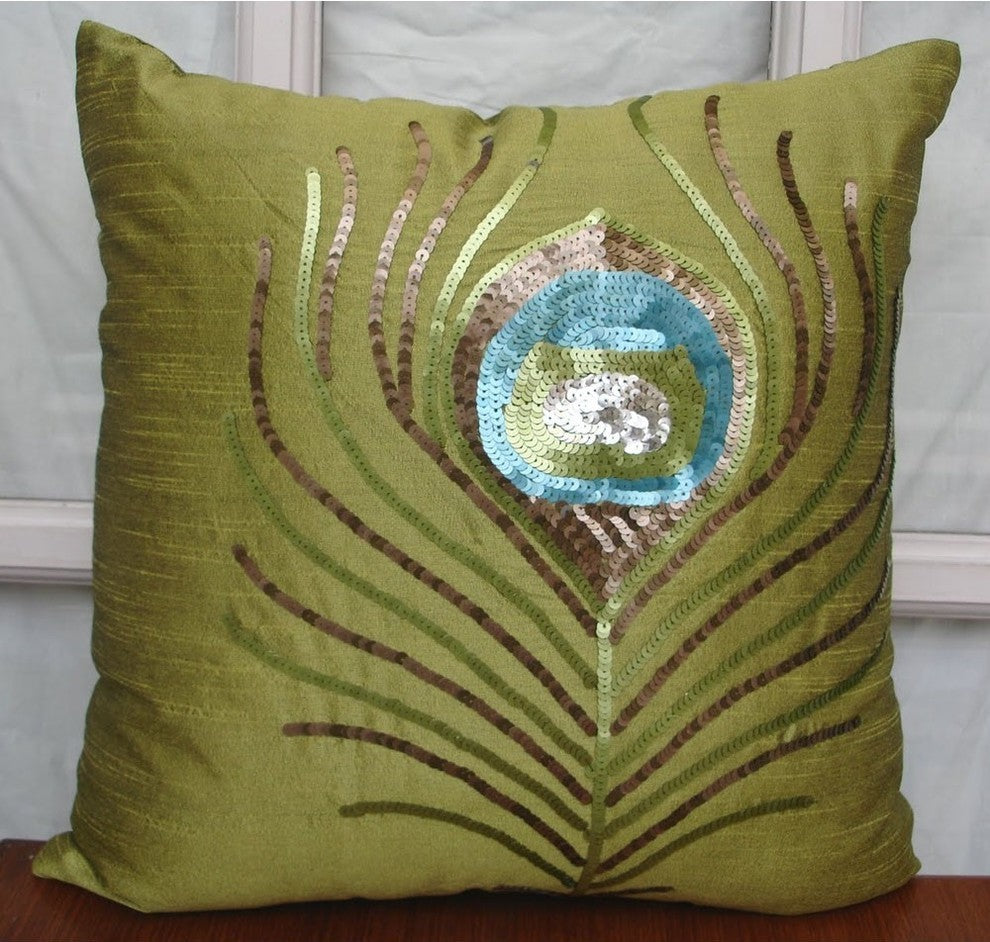 Peacock Feather Green Art Silk Pillow Covers 16"x16", Green Peacock Feather
