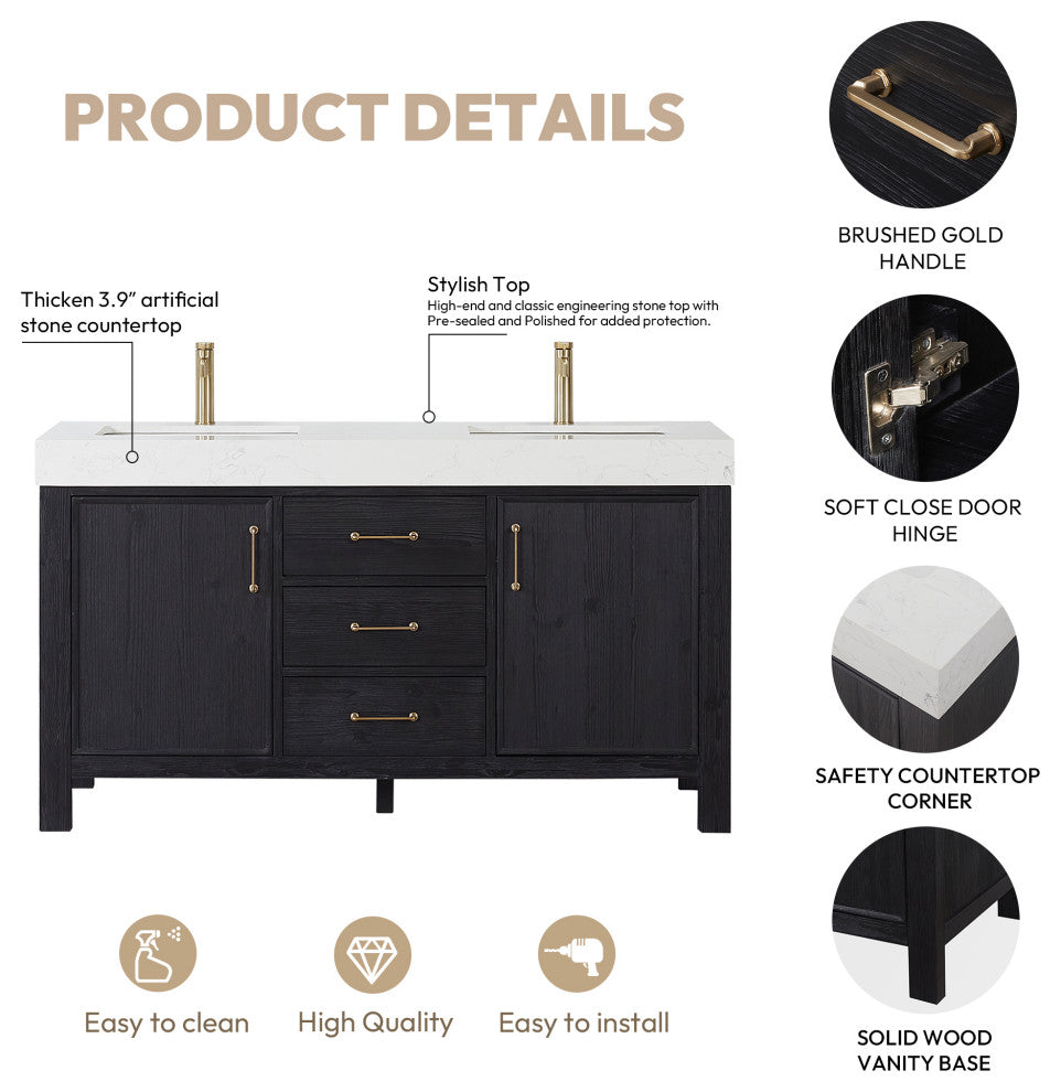 Leon Bath Vanity With Composite Stone Top, Fir Wood Black, 60"double Sink, No Mirror