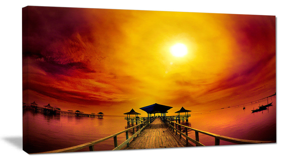 "Exotic Wood Pier Under Yellow Sun" Sea Bridge Canvas Wall Artwork, 40"x20"