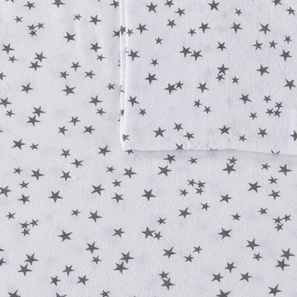 Intelligent Design Cozy Soft Cotton Flannel Printed Sheet Set, Grey Stars