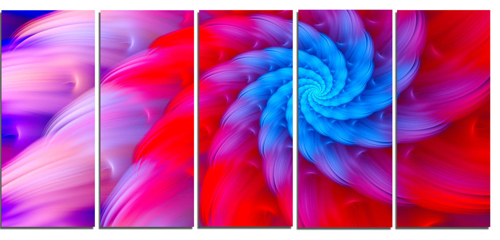 Rotating Red Pink Fractal Flower, Floral Canvas Art Print, 60"x28", 5 Panels