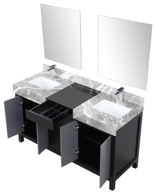 Zilara 60" Black and Grey Double Vanity Set, Monte Chrome Faucet Set