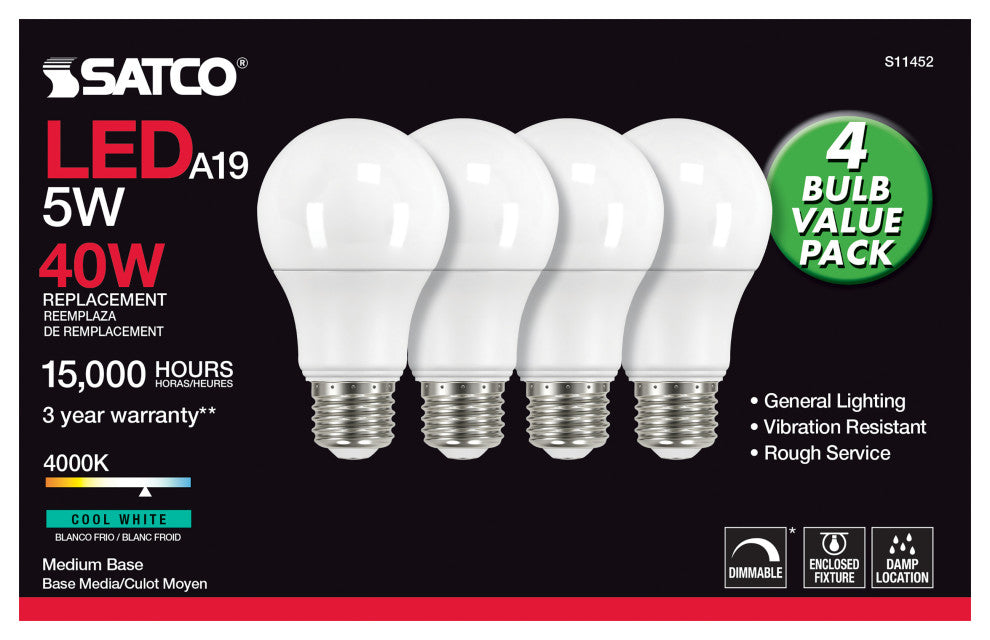 5W A19 LED, 4000K, Dimmable, Medium Base, 230 deg. Beam Angle, 4-Pack