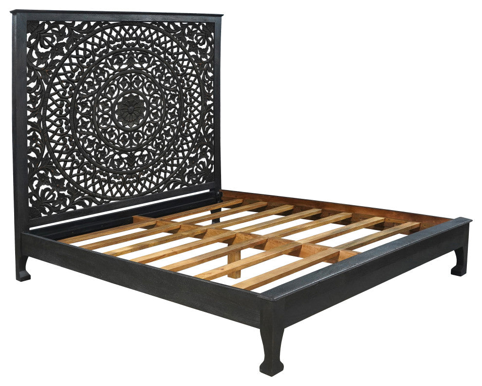 Milano Floral Carved Solid Wood Queen Panel Bed, Black, King