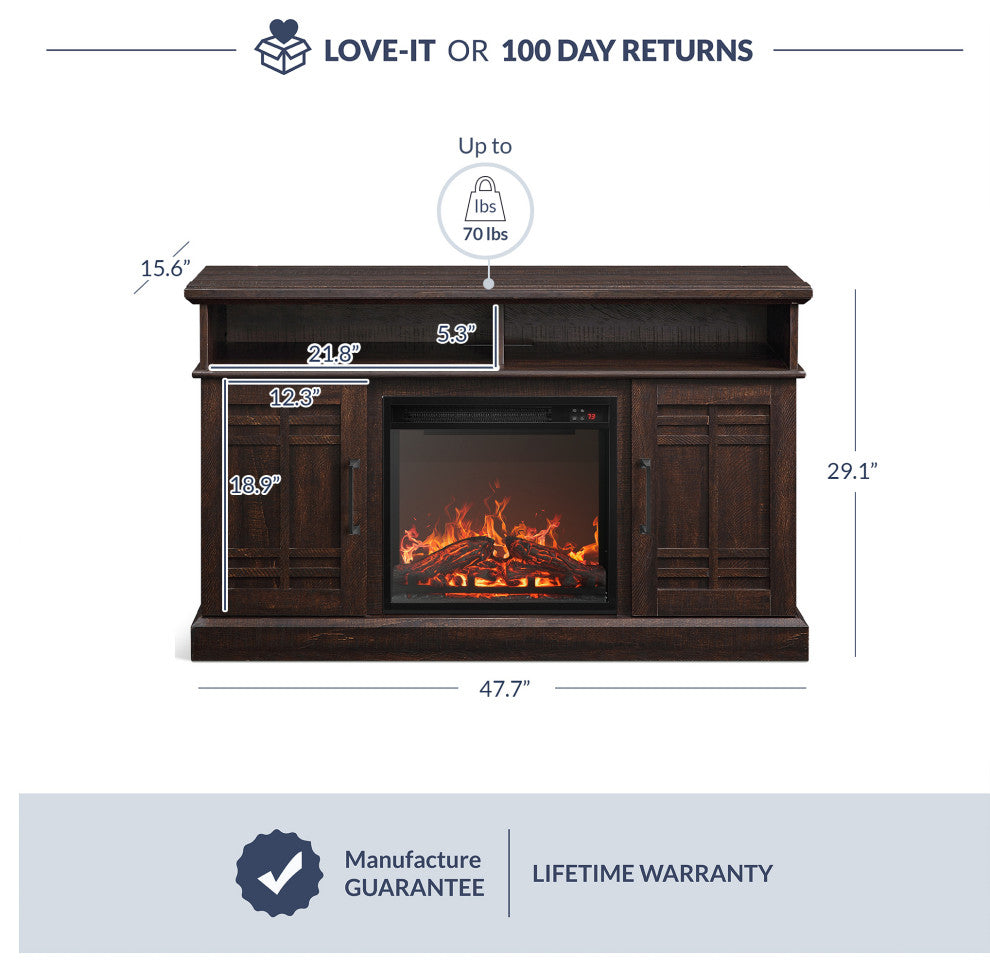 47" TV Stand Console With 18" Fireplace, Espresso