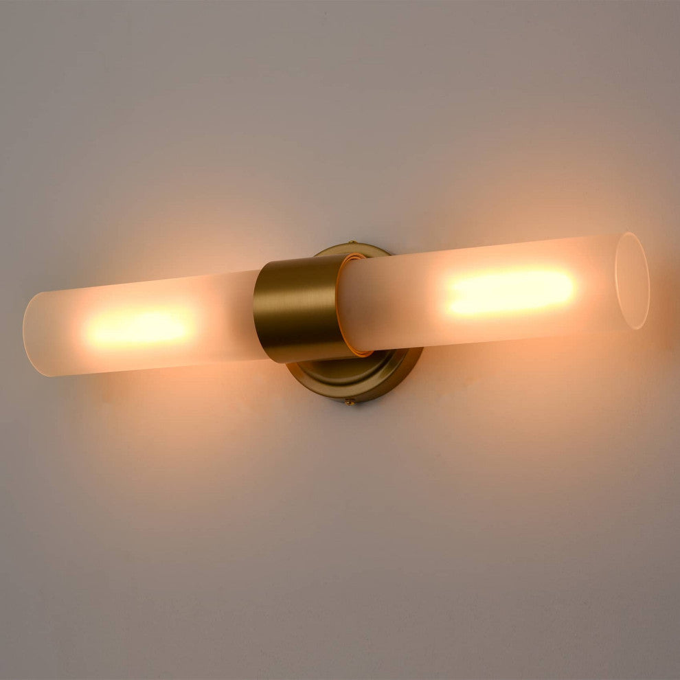 Modern Gold Bathroom Sconces Cylinder Frosted Glass, 2-Light