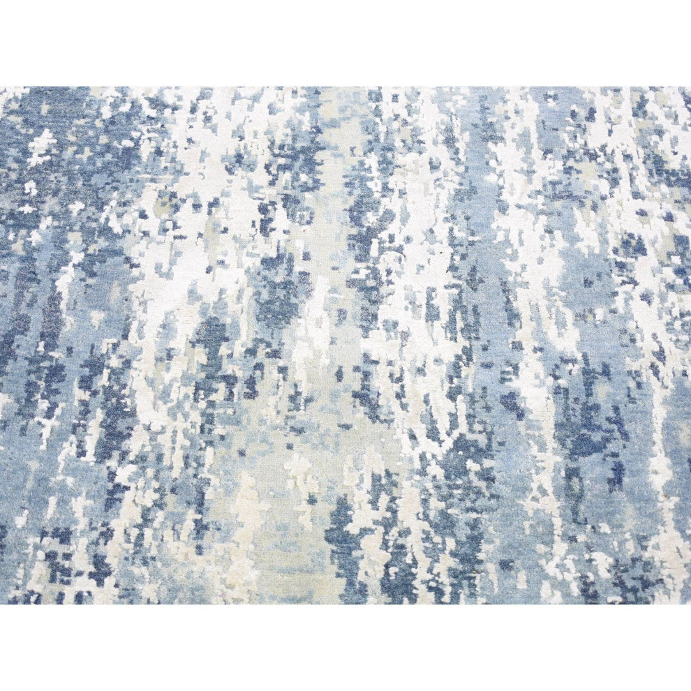 Hand Knotted Denim Blue Abstract Design Wool and Real Silk Runner Rug 3'8"x17'2"