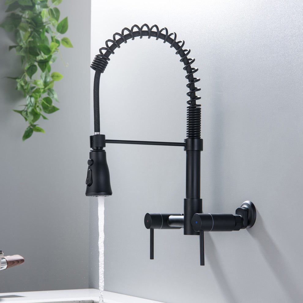 Wall Mounted Bridge Kitchen Faucet With 3 Function Sprayer And Spring Spout, Mat