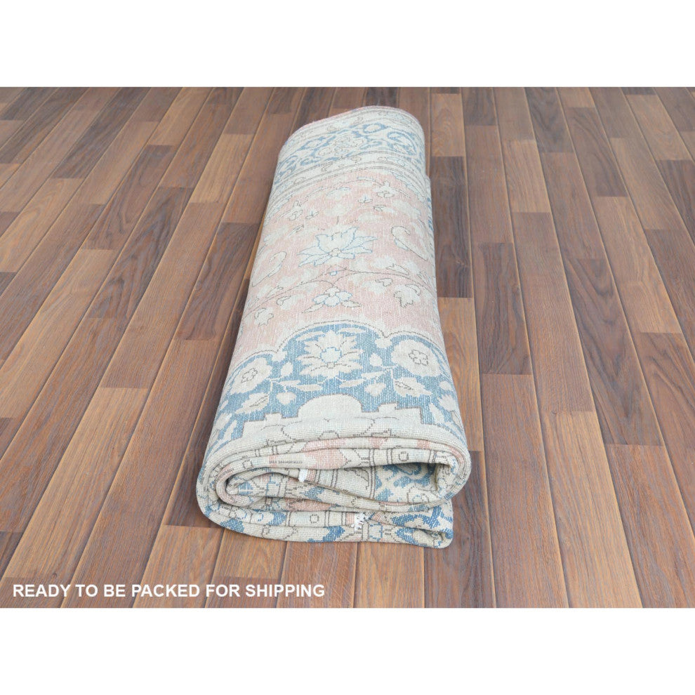 Worn Wool, Hand Knotted, Red, Vintage Persian Kerman Oriental Rug, 7'0" x 10'4"