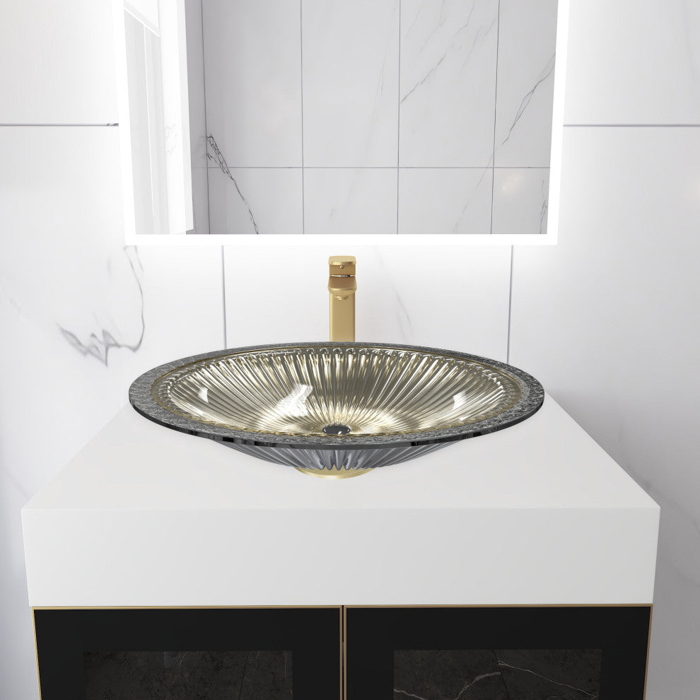 Olive Tempered Glass Oval Vessel Bathroom Sink, Silver