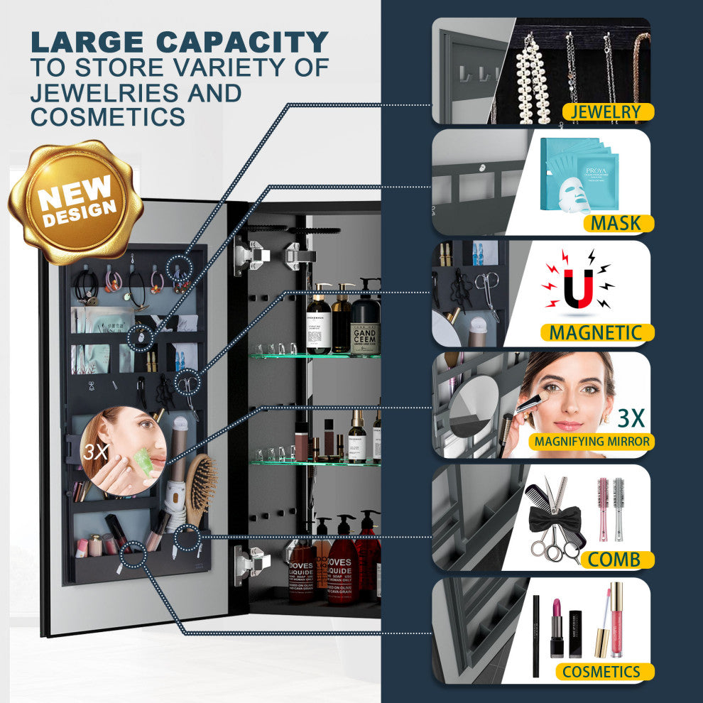 30" Aluminum Surface Mount 1-door Medicine Cabinet with Mirror and LED Lights