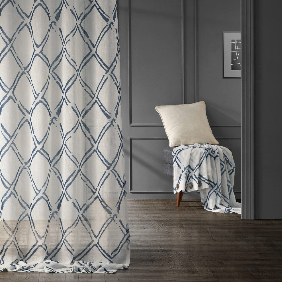 Normandy Blue Printed Faux Linen Sheer Fabric Sample, 4Wx4L