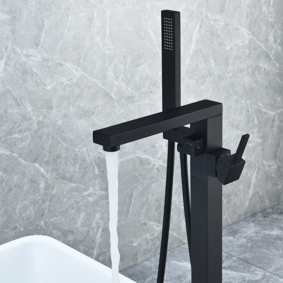 Campia Single Lever Handle Floor Mounted Tub Filler With Handshower, Matte Black