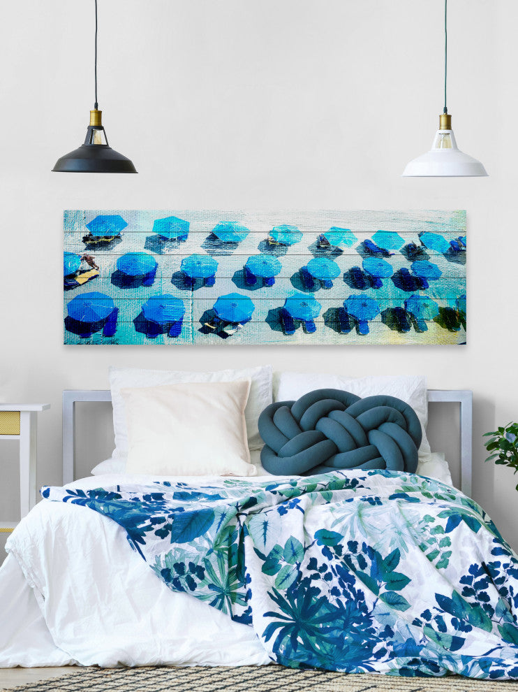 "Umbrellas Blue" Painting Print on White Wood, 60"x20"