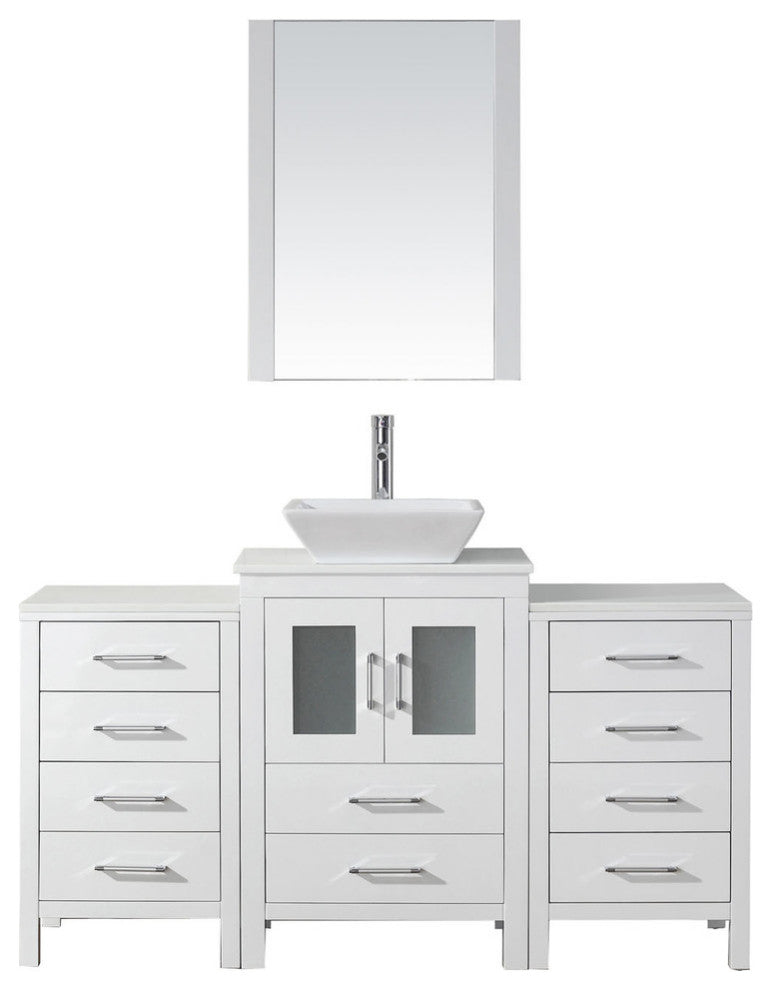 Virtu Dior 60" Single Bathroom Vanity, White With White Top, Faucet and Mirror