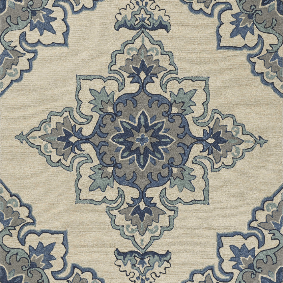 2' X 3' Ivory and Blue Damask Handmade Indoor Outdoor Area Rug