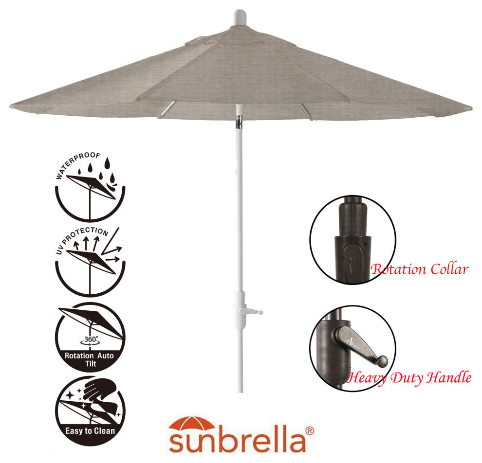 9' Round 360 Rotating Auto Tilt Umbrella, White, Sunbrella, Cast Silver
