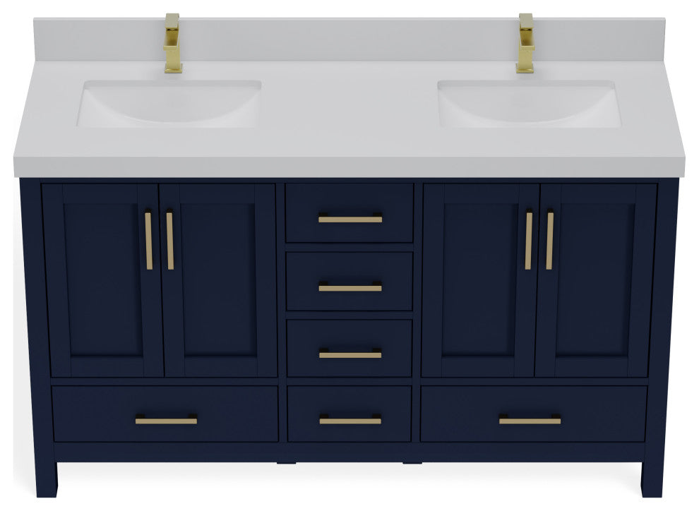 Preston Bath Vanity, Blue, 60", White Quartz Top, Double, Freestanding