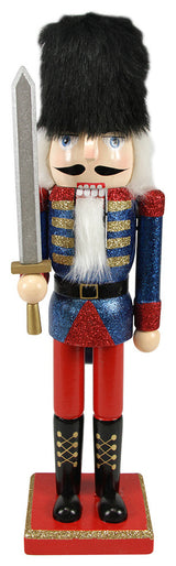 14.25" Decorative Wooden Glittered Nutcracker Soldier, Blue Red and Gold