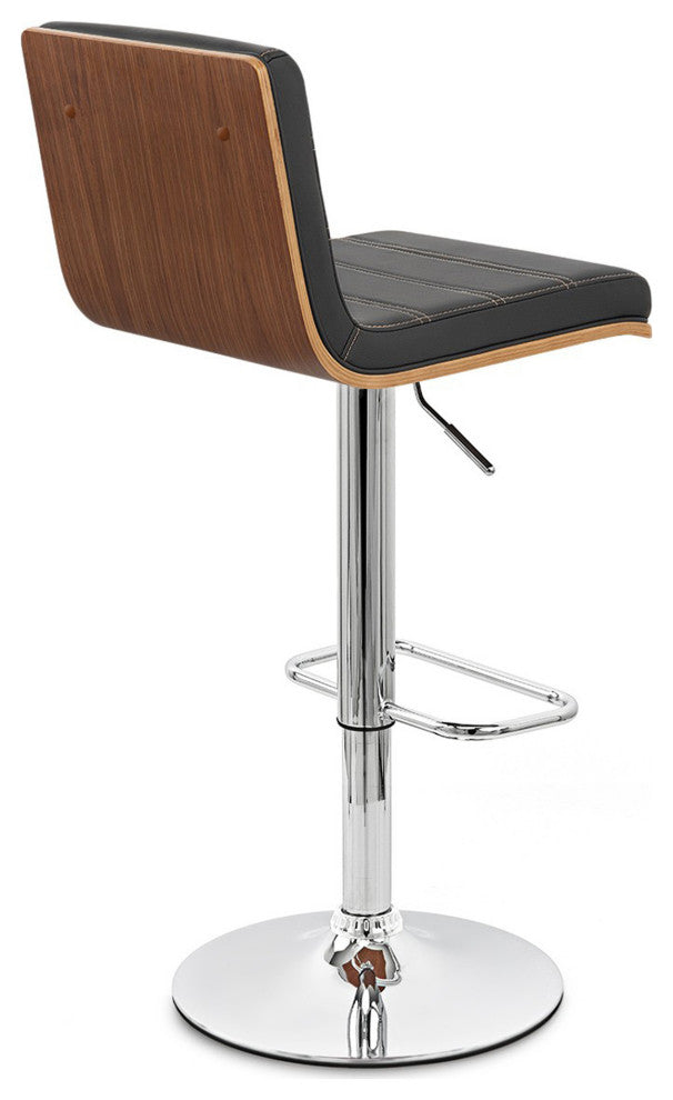 Black Faux Leather Walnut and Chrome Adjustable Swivel Bar Stool