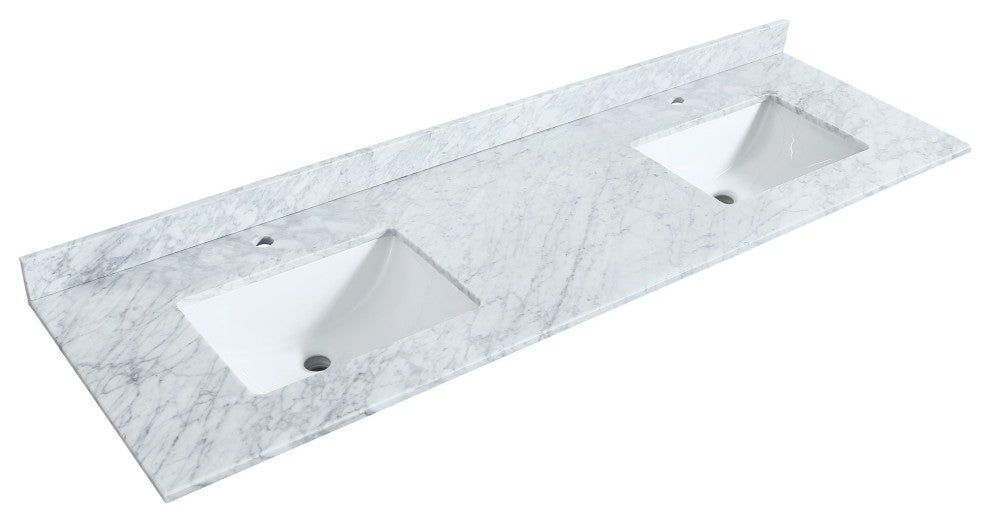 Amici 72" White Double Vanity, White Carrara Marble Top, Brushed Nickel Trim