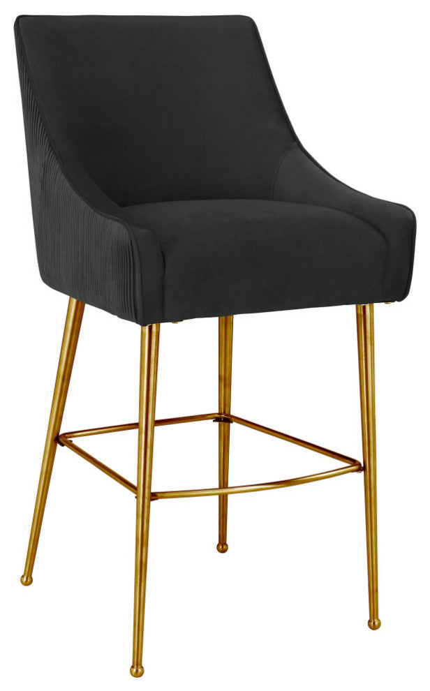 Beatrix Pleated Black Velvet Bar Stool - Black