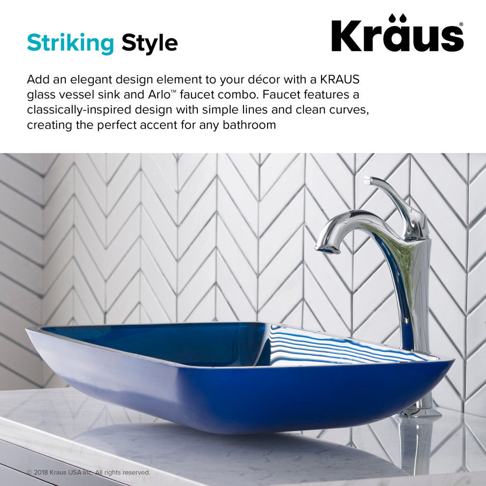 Glass Vessel Sink, Bathroom Arlo Faucet, PU Drain, Mounting Ring, Chrome