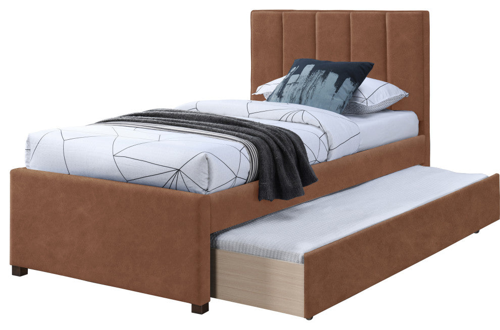 Hudson Beige Faux Leather Twin Trundle Bed, Cognac